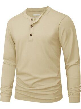 Men's Khaki Long Sleeve Henley T-shirts Cotton 3-button Spring Casual